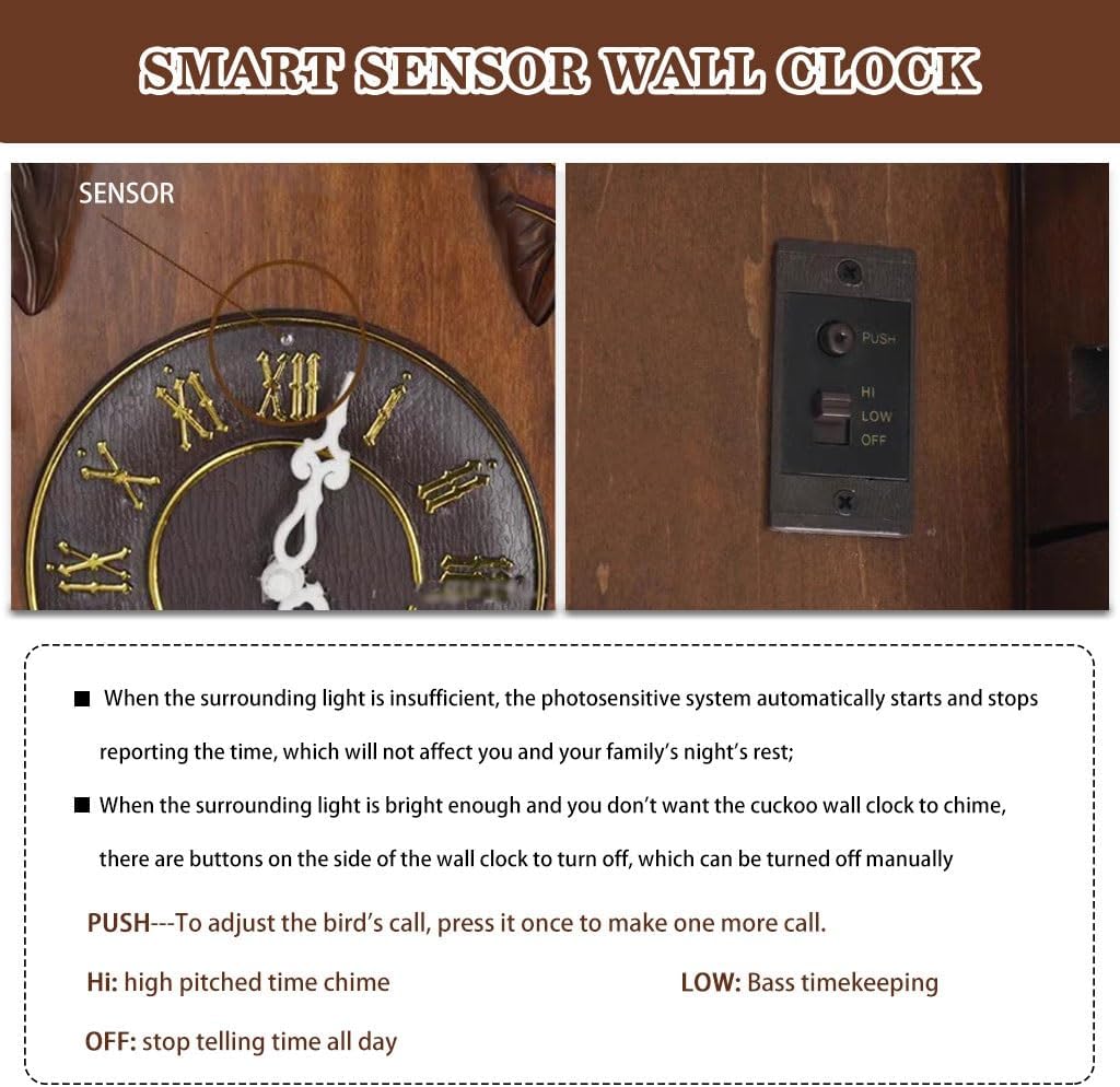 Cuckoo Clocks Solid Wood Hand Carved Cuckoo Clock, Light Control Sensor Wall Clock, Quartz Movement European Clock, for Living Room, Bedroom