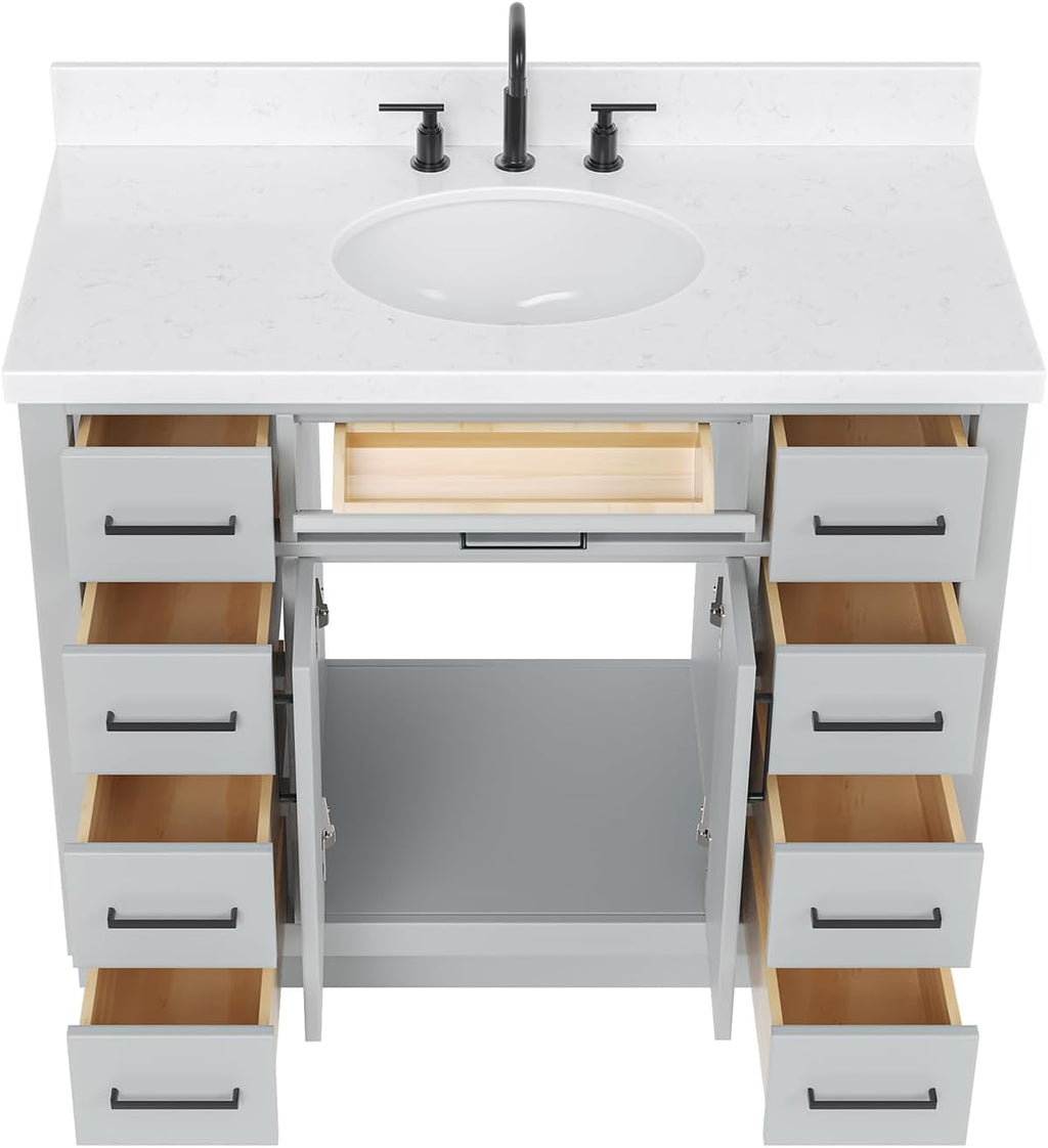 DKB Isabella 42-Inch Gray Bathroom Vanity with Sink, 1.5-Inch Edge Carrara Quartz Countertop, Solid Wood Frame, Oval Undermount Sink, 2 Soft Closing Doors, 9 Full Extension Drawers, Toe Kick