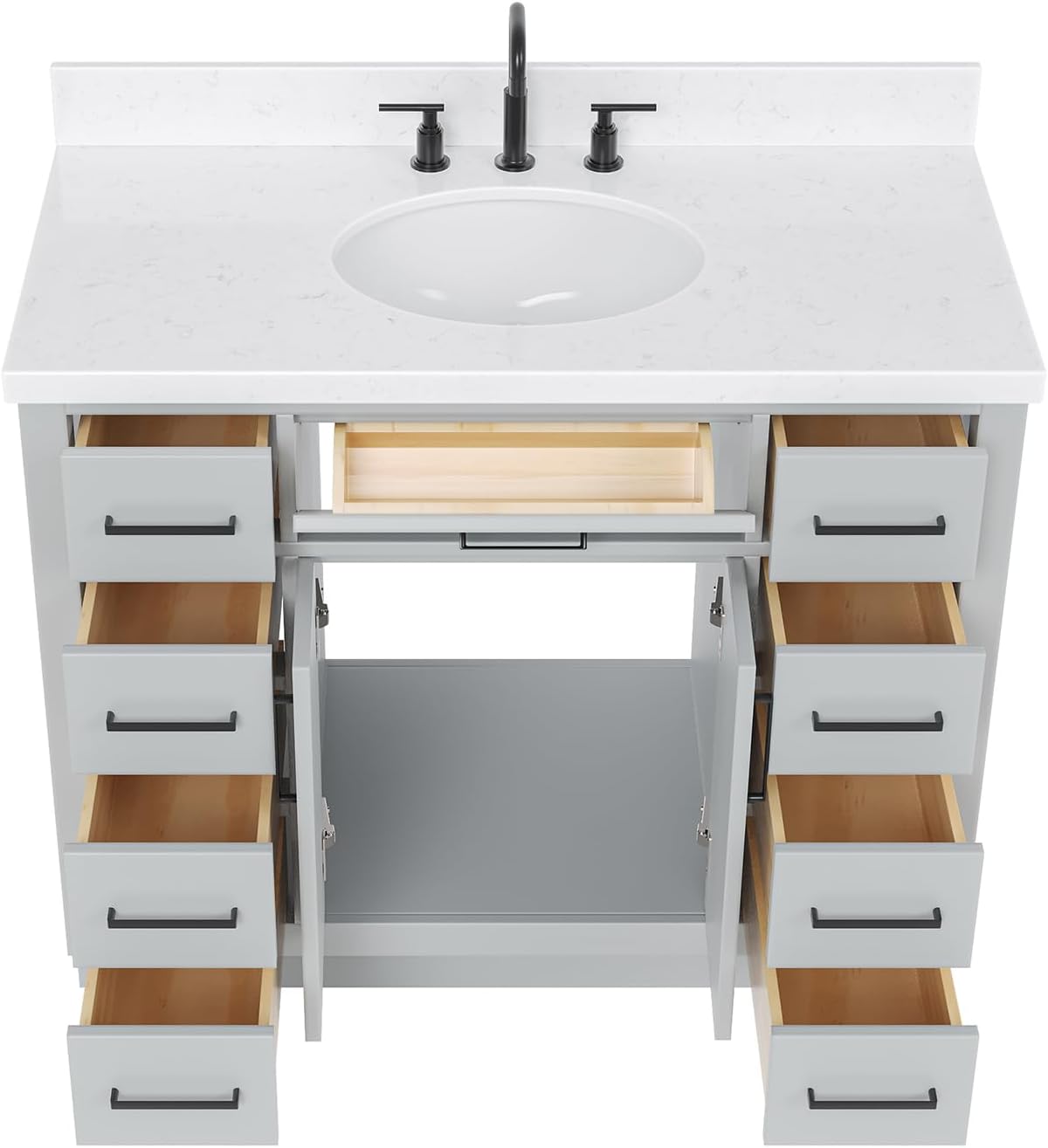DKB Isabella 42-Inch Gray Bathroom Vanity with Sink, 1.5-Inch Edge Carrara Quartz Countertop, Solid Wood Frame, Oval Undermount Sink, 2 Soft Closing Doors, 9 Full Extension Drawers, Toe Kick