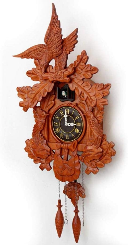 Wooden Cuckoo Clock with Hand Carving, Falcon-Themed European Retro Solid Wood Wall Clock for Living Room, Study, Office, Gifts for Kids, Home Decoration
