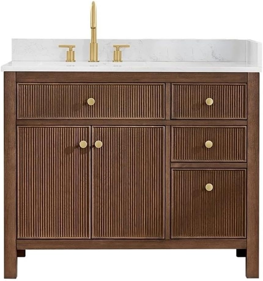 Pemberly Row 42' Bathroom Vanity, Solid Spruce Wood Cabinet, Grain Stone Countertop, Brown Oak Finish, 2 Fluted Doors, 4 Drawers, Ceramic Sink, Brushed Gold Hardware, Contemporary Style