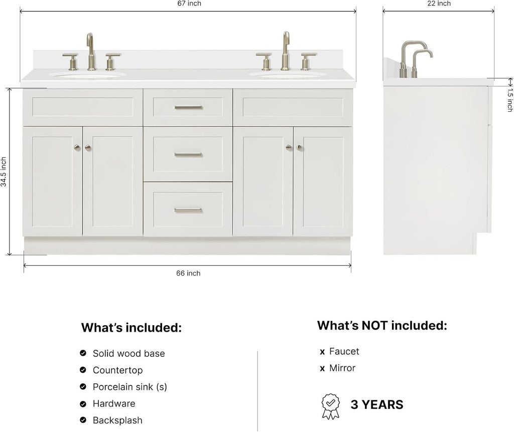 DKB Bradford 66-Inch White Double Bathroom Vanity, 1.5-Inch Pure White Quartz Countertop & Backsplash, Double Oval Undermount Sinks, 2 Soft Closing Doors, 3 Dovetail Drawers, Toe Kick, Brushed Nickel