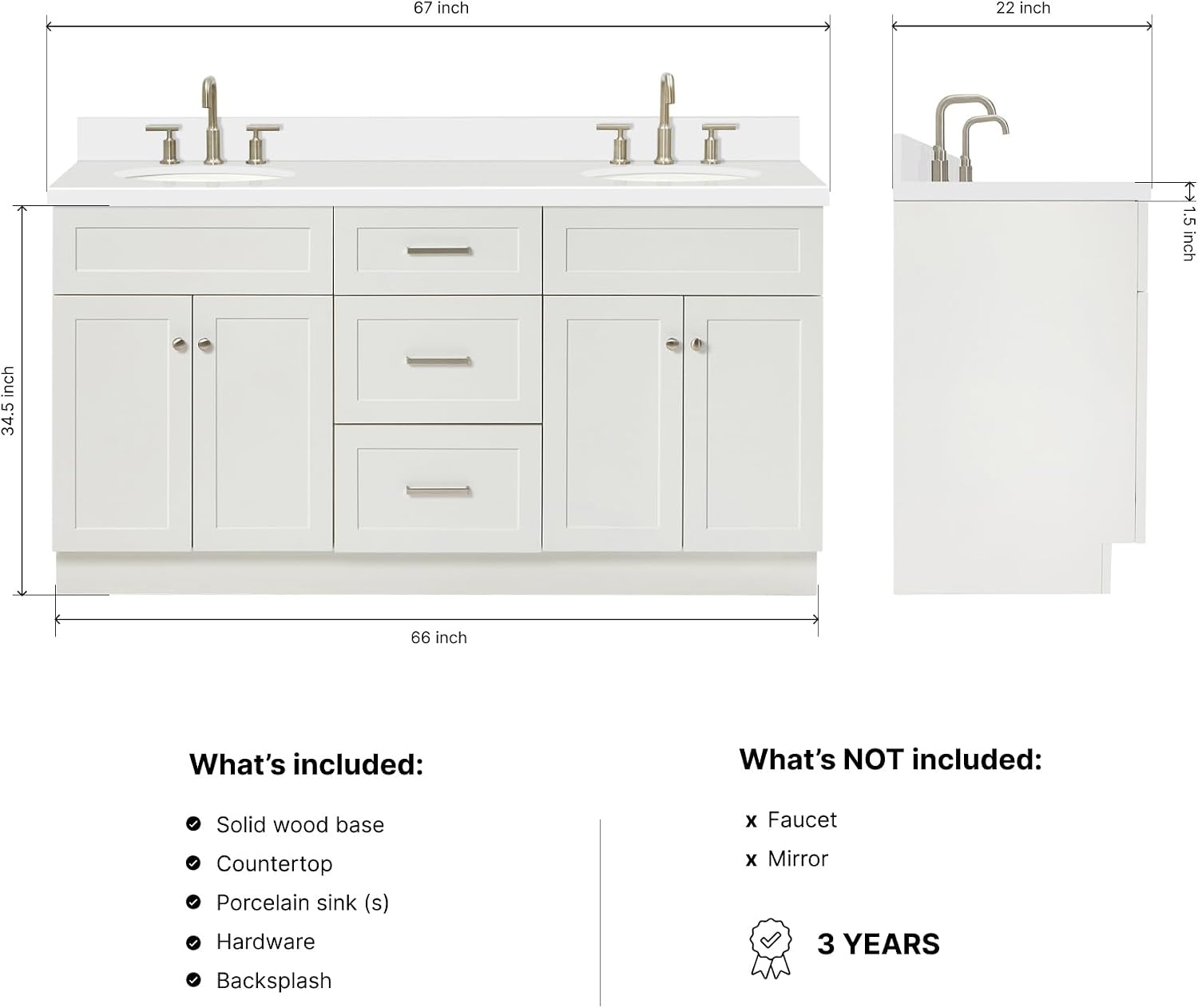 DKB Bradford 66-Inch White Double Bathroom Vanity, 1.5-Inch Pure White Quartz Countertop & Backsplash, Double Oval Undermount Sinks, 2 Soft Closing Doors, 3 Dovetail Drawers, Toe Kick, Brushed Nickel