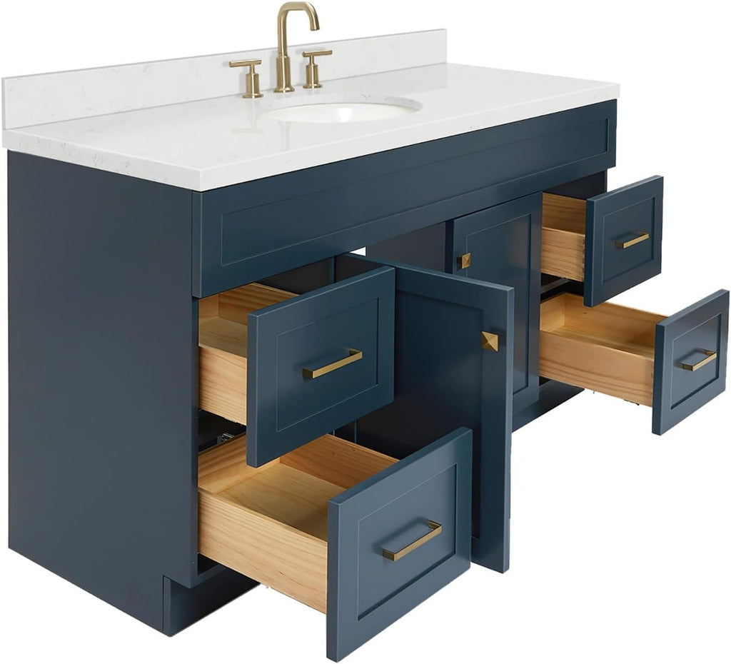 ARIEL Hamlet 60-inch Bathroom Vanity with Sink,Solid Wood, 1.5-inch Carrara White Quartz Countertop & Backsplash, Single Oval Porcelain Sink, 2 Soft Closing Doors, 4 Dovetail Drawers, Midnight Blue