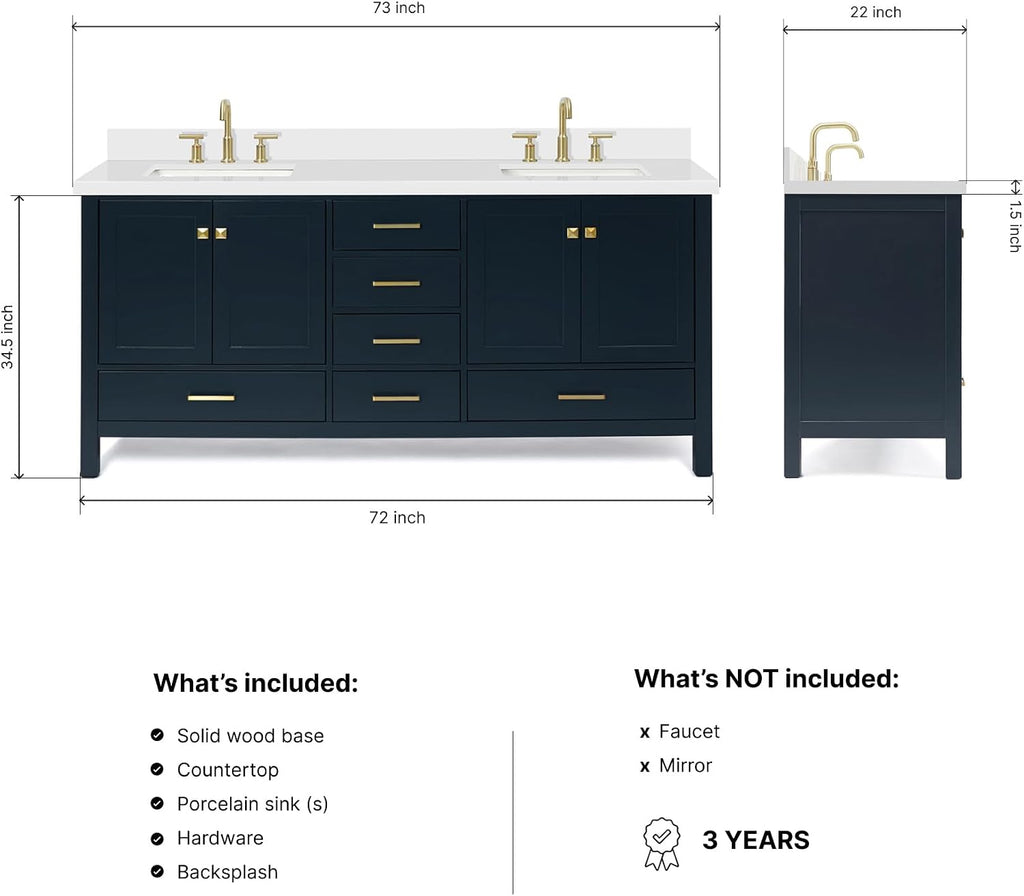 DKB Beckford 72 Inch Bathroom Vanity Double Sink — Midnight Blue Bathroom Vanity with Sink, 1.5' Edge Pure White Quartz Countertop & Backsplash, 4 Soft-Close Doors, 6 Dovetail Drawers