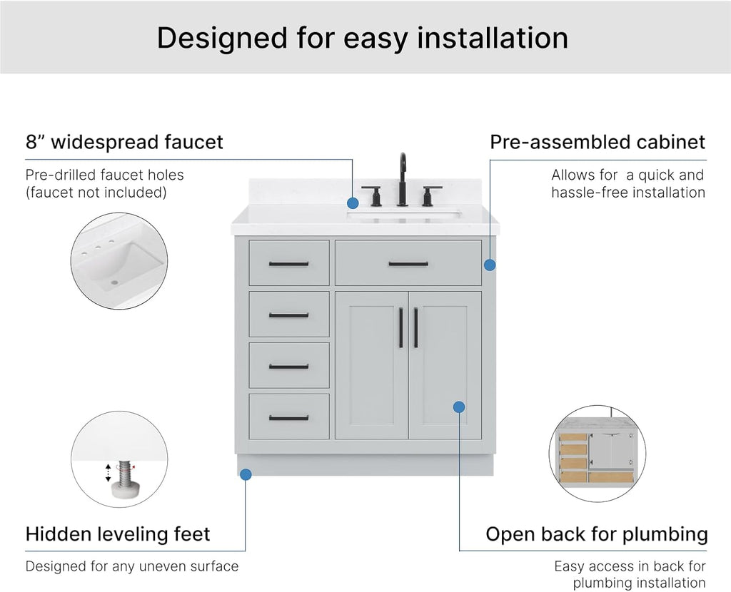 ARIEL Hepburn 36-inch Bathroom Vanity with Sink,Solid Wood, 1.5-inch Carrara White Quartz Countertop & Backsplash, Single Rectangular Porcelain Sink, 2 Soft Closing Doors, 5 Dovetail Drawers, Grey
