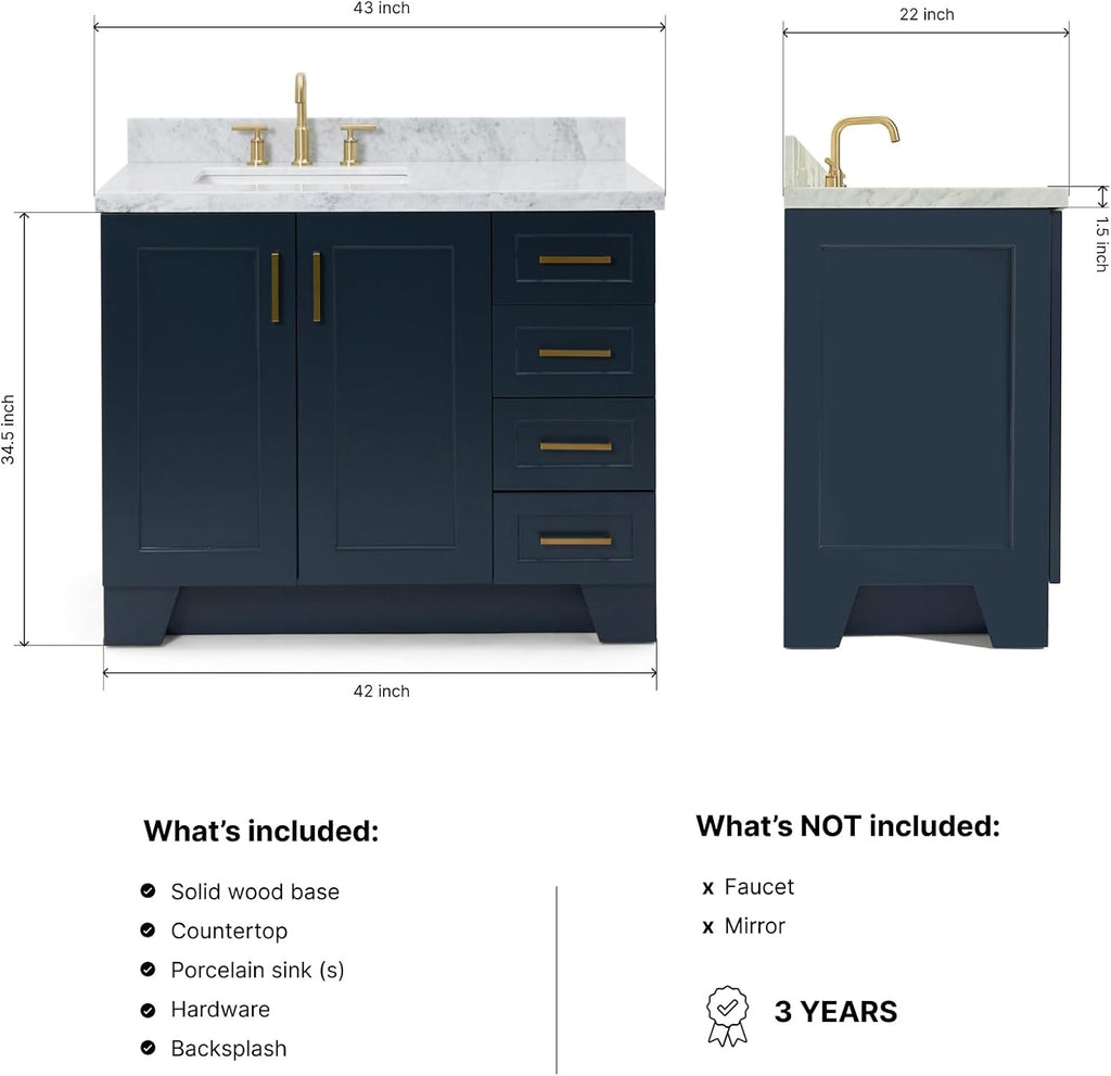ARIEL Taylor 42-inch Bathroom Vanity with Sink,Solid Wood, 1.5-inch Italian Carrara Marble Countertop, Single Rectangular Porcelain Sink, 2 Soft Closing Doors, 5 Dovetail Drawers, Midnight Blue