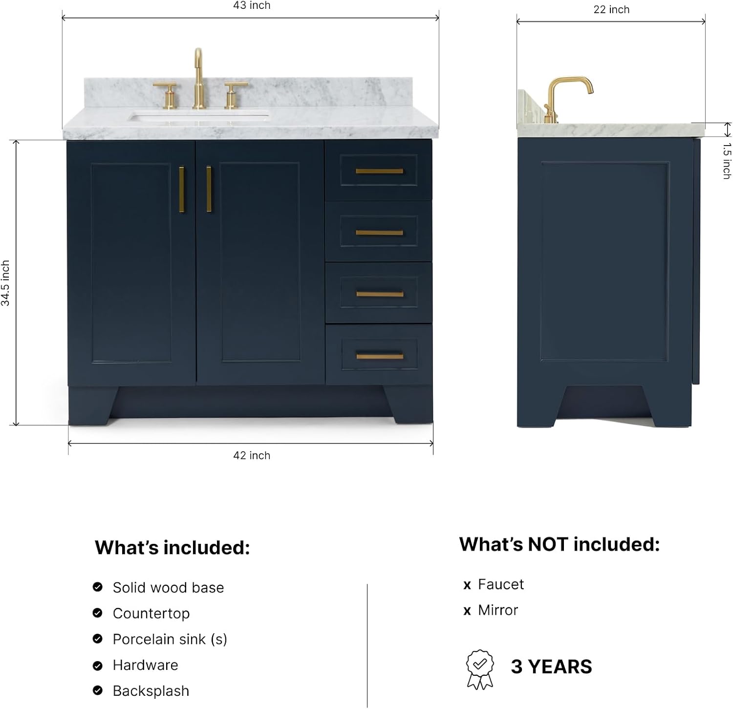ARIEL Taylor 42-inch Bathroom Vanity with Sink,Solid Wood, 1.5-inch Italian Carrara Marble Countertop, Single Rectangular Porcelain Sink, 2 Soft Closing Doors, 5 Dovetail Drawers, Midnight Blue
