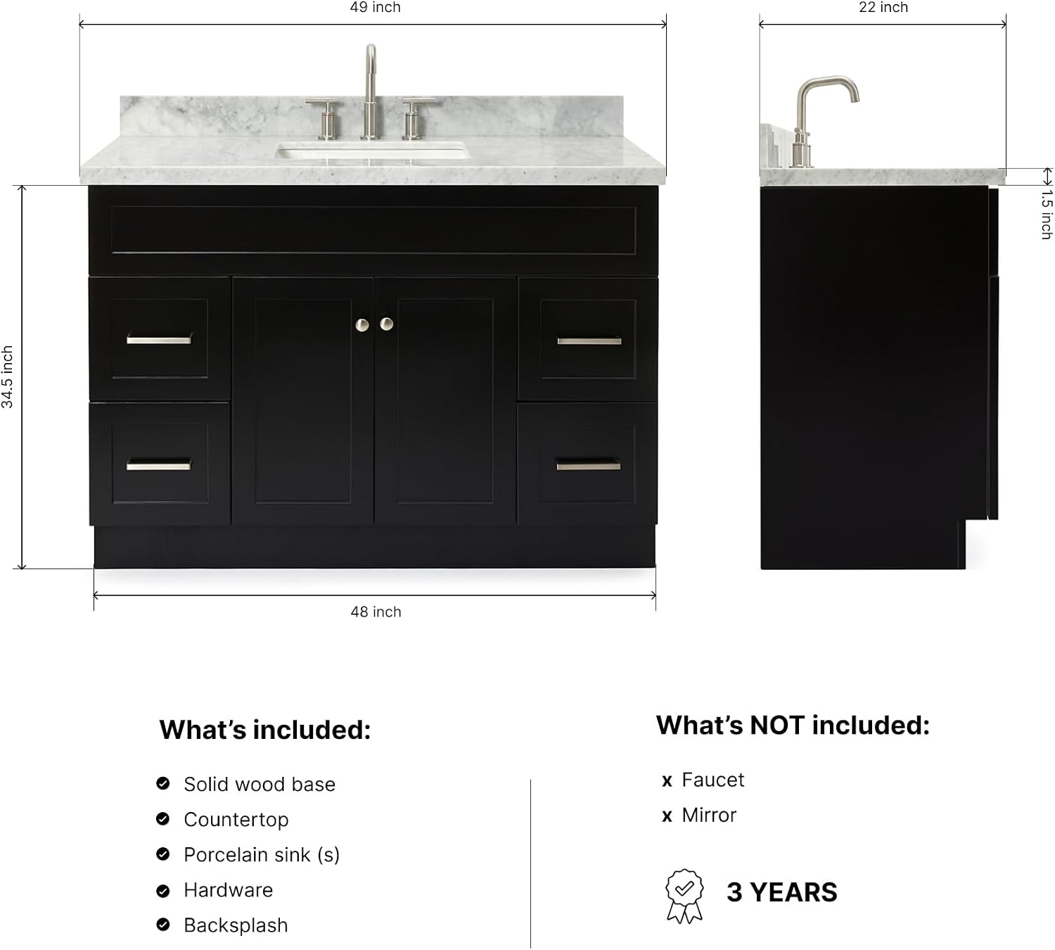 ARIEL Hamlet 48-inch Bathroom Vanity with Sink,Solid Wood, 1.5-inch Italian Carrara Marble Countertop, Single Rectangular Porcelain Sink, 2 Soft Closing Doors, 4 Dovetail Drawers, Black