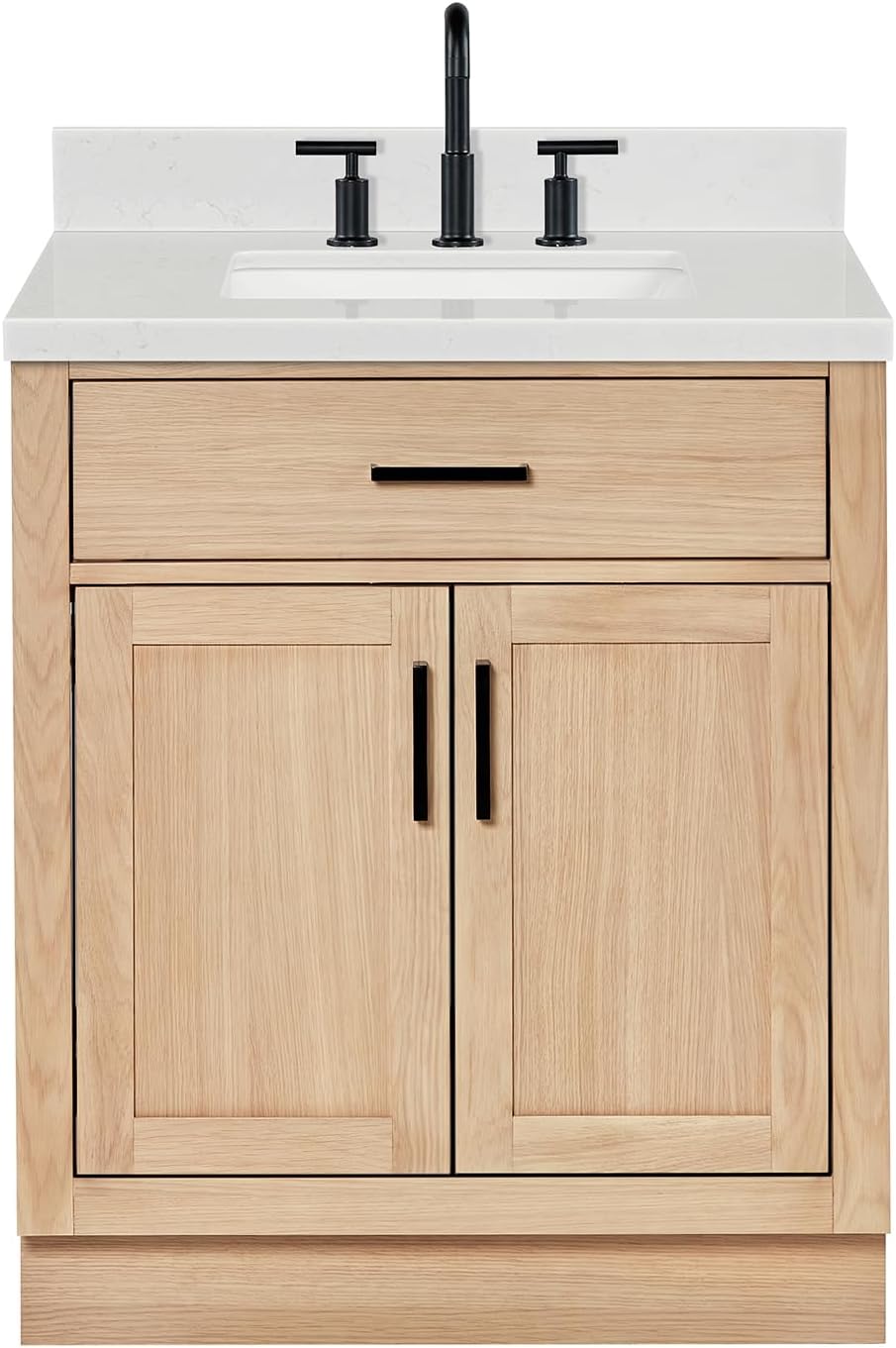 ARIEL Hepburn 30-inch Bathroom Vanity with Sink,Solid Wood, 1.5-inch Carrara White Quartz Countertop, Single Rectangular Porcelain Sink, 2 Soft Closing Doors, 1 Dovetail Drawers, White Oak