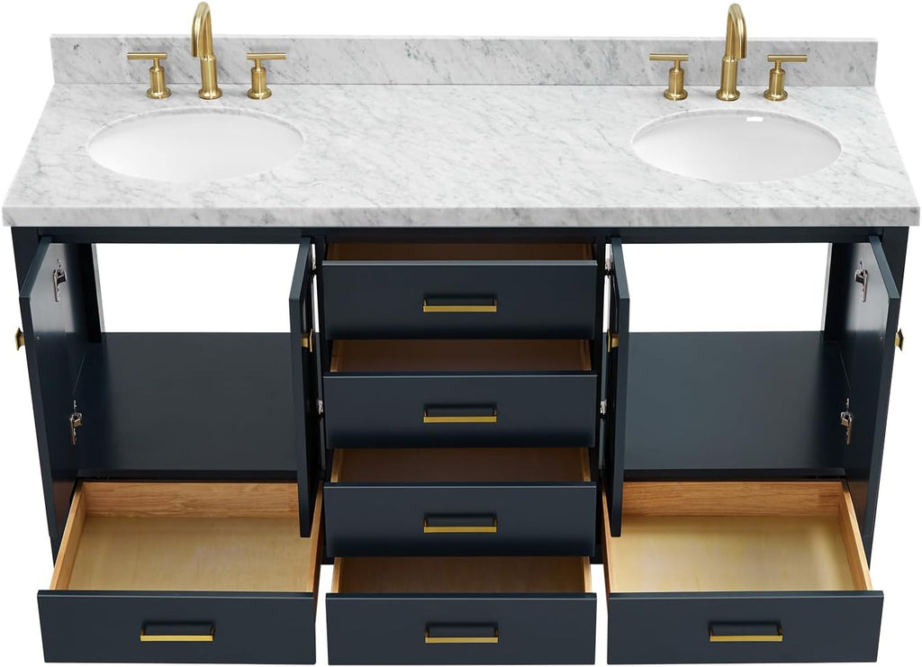 ARIEL Cambridge 66-inch Bathroom Vanity with Sink,Solid Wood, 1.5-inch Italian Carrara Marble Countertop, Double Oval Porcelain Sink, 4 Soft Closing Doors, 6 Dovetail Drawers, Midnight Blue