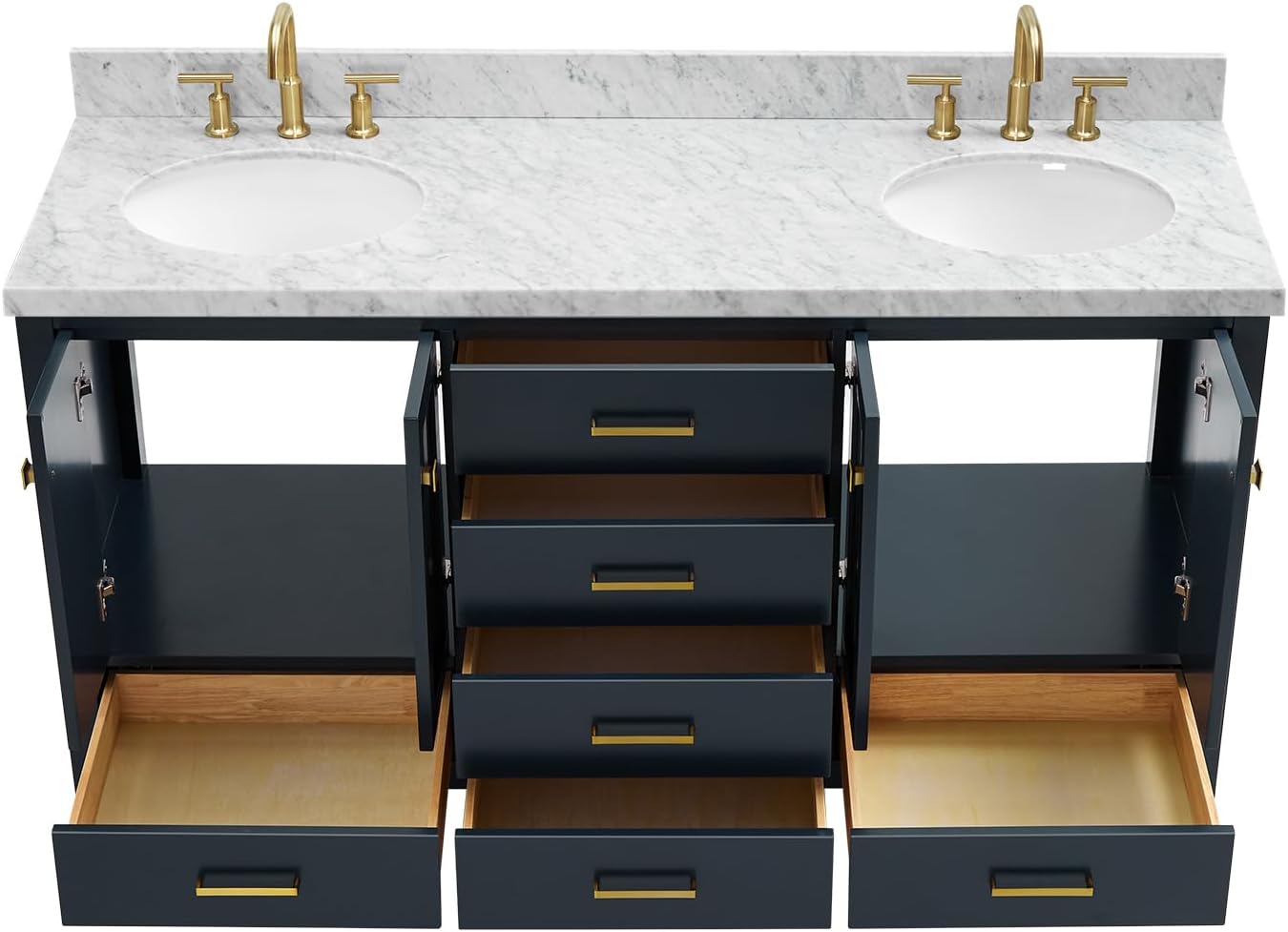 DKB Beckford 66' Midnight Blue Double Bathroom Vanity, 1.5' Edge Italian Carrara Marble Countertop, 2 Oval Undermount Sinks, 4 Soft Closing Doors, 6 Dovetail Drawers