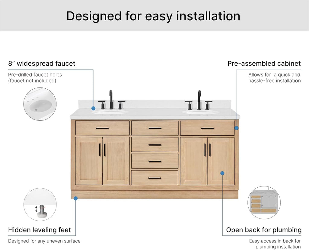 ARIEL Hepburn 72-inch Bathroom Vanity with Sink,Solid Wood, 1.5-inch Carrara White Quartz Countertop & Backsplash, Double Oval Porcelain Sink, 4 Soft Closing Doors, 6 Dovetail Drawers, White Oak