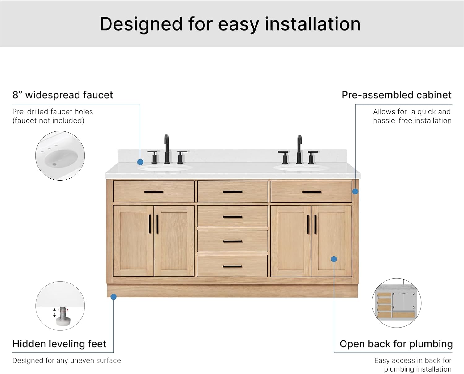 ARIEL Hepburn 72-inch Bathroom Vanity with Sink,Solid Wood, 1.5-inch Carrara White Quartz Countertop & Backsplash, Double Oval Porcelain Sink, 4 Soft Closing Doors, 6 Dovetail Drawers, White Oak