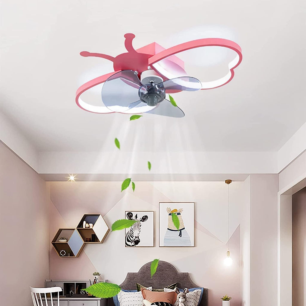 Pink Ceiling Fan with Lights for Girls Room Dimmable LED Flush Ceiling Fan with Light with Remote Butterfly Quiet Fan Light for Kids Bedroom Children Nursery,6 Speed Reversible Fan