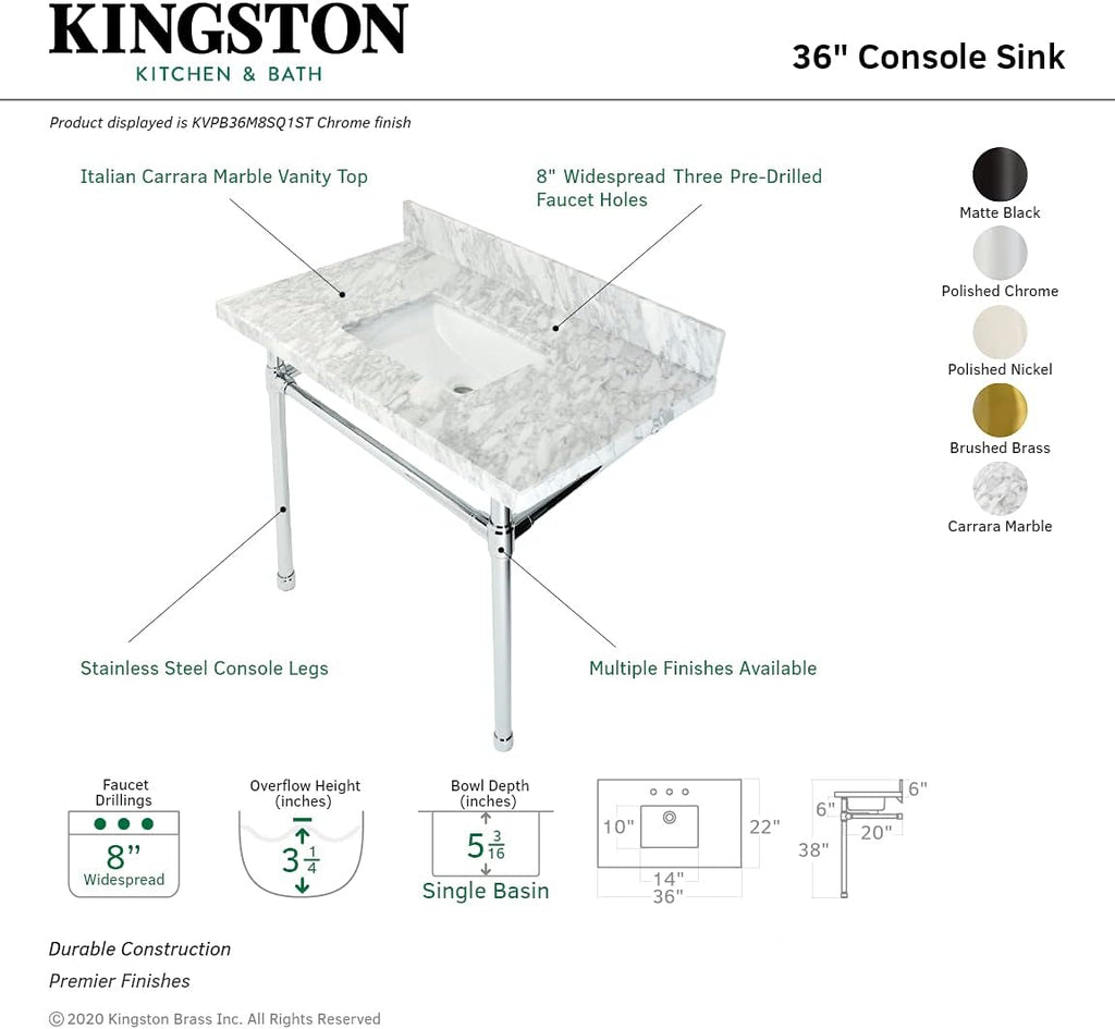 Kingston Brass KVPB36M8SQ7ST Dreyfuss 36' Carrara Marble Vanity Top with Stainless Steel Legs, Marble White/Brushed Brass