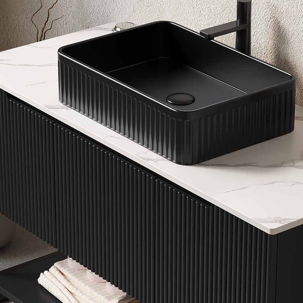 48' Black Bathroom Vanity with Rectangular Ceramic Basin & Marble Top, Freestanding Bathroom Storage Cabinet with 3 Doors and Open Shelf, Modern Single Sink Bathroom Vanities with Soft Close System