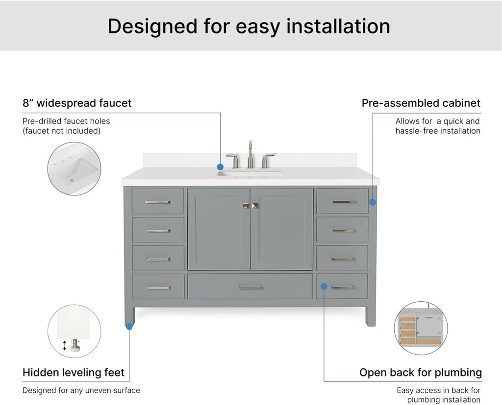 ARIEL Cambridge 60-inch Bathroom Vanity with Sink,Solid Wood, 1.5-inch Pure White Quartz Countertop & Backsplash, Single Rectangular Porcelain Sink, 2 Soft Closing Doors, 9 Dovetail Drawers, Grey