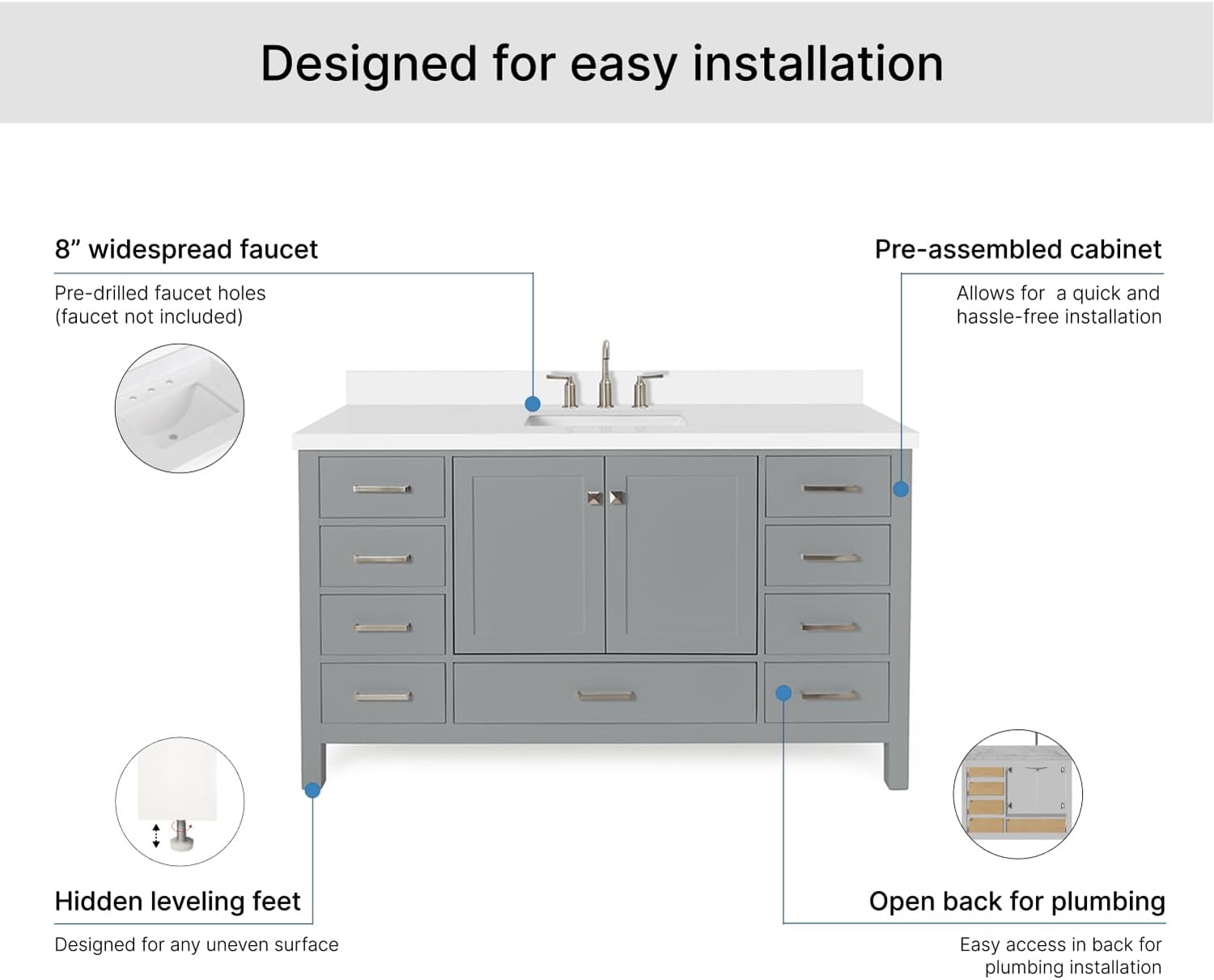 ARIEL Cambridge 60-inch Bathroom Vanity with Sink,Solid Wood, 1.5-inch Pure White Quartz Countertop & Backsplash, Single Rectangular Porcelain Sink, 2 Soft Closing Doors, 9 Dovetail Drawers, Grey