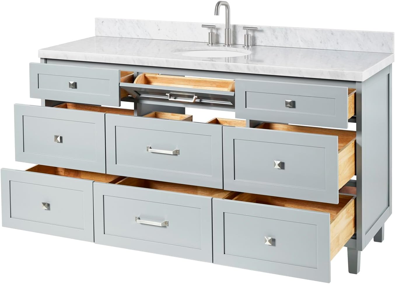 ARIEL Monroe 66-inch Bathroom Vanity with Sink,Solid Wood, 1.5-inch Italian Carrara Marble Countertop, Single Oval Porcelain Sink, Dovetail Drawers, Grey