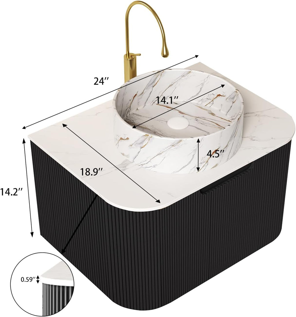 Yayzy 24' Floating Bathroom Vanity with Sink, Solid Wood Fluted Cabinet, White Marble-Patterned Ceramic Basin & Faux Marble Top, Soft-Close Drawer, Pre-Assembled, Gloss Black