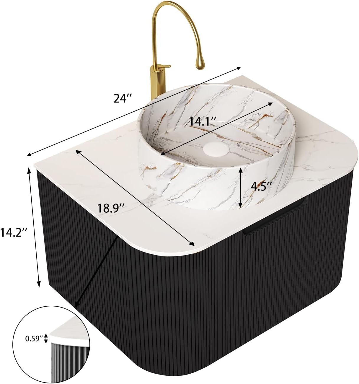 Yayzy 24' Floating Bathroom Vanity with Sink, Solid Wood Fluted Cabinet, White Marble-Patterned Ceramic Basin & Faux Marble Top, Soft-Close Drawer, Pre-Assembled, Gloss Black
