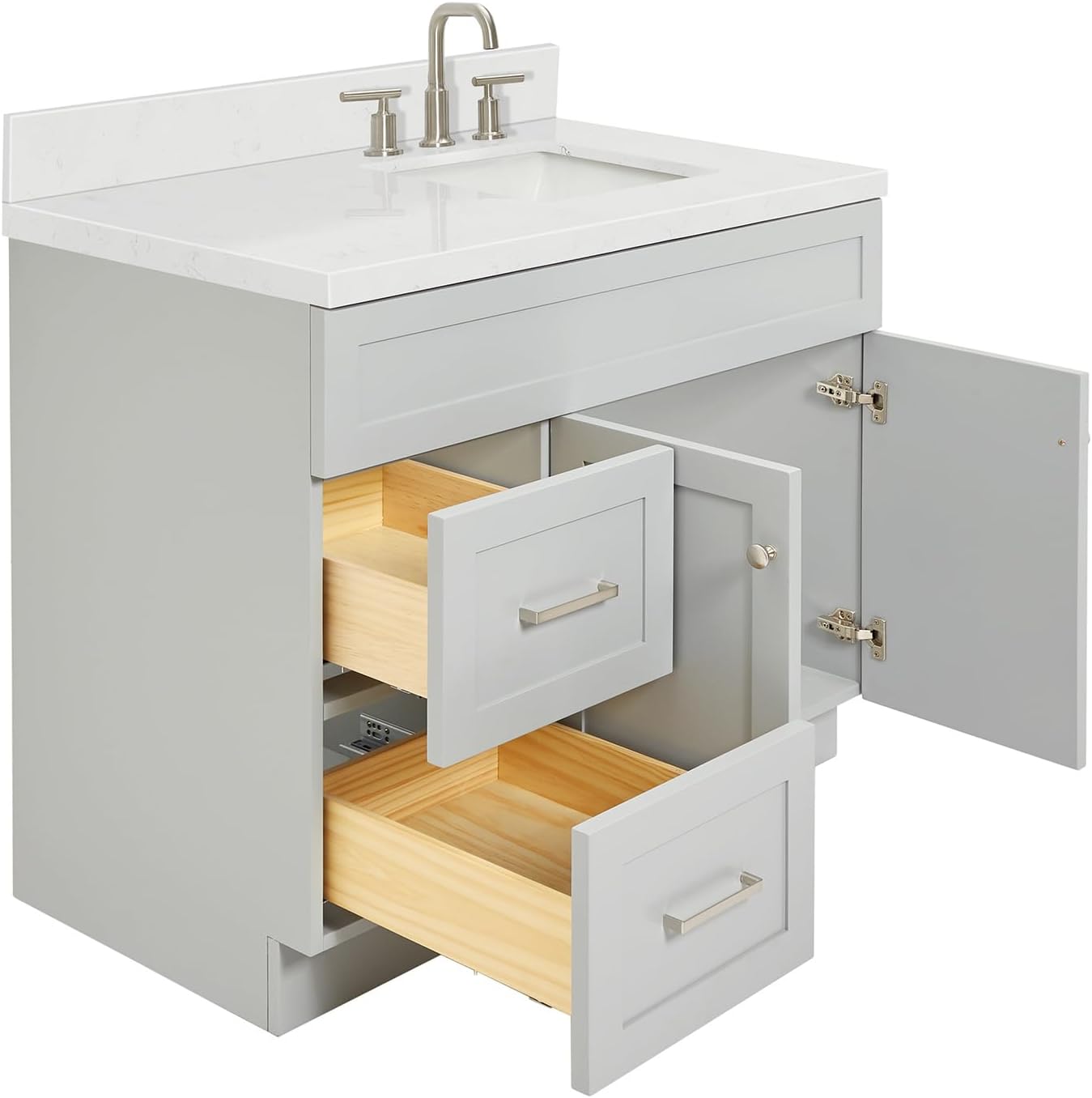 DKB Bradford 42' Gray Single Bathroom Vanity with Rectangular Undermount Sink, 1.5' Carrara Quartz Countertop, Solid Wood Frame, 2 Soft Closing Doors, 2 Full Extension Drawers, Brushed Nickel