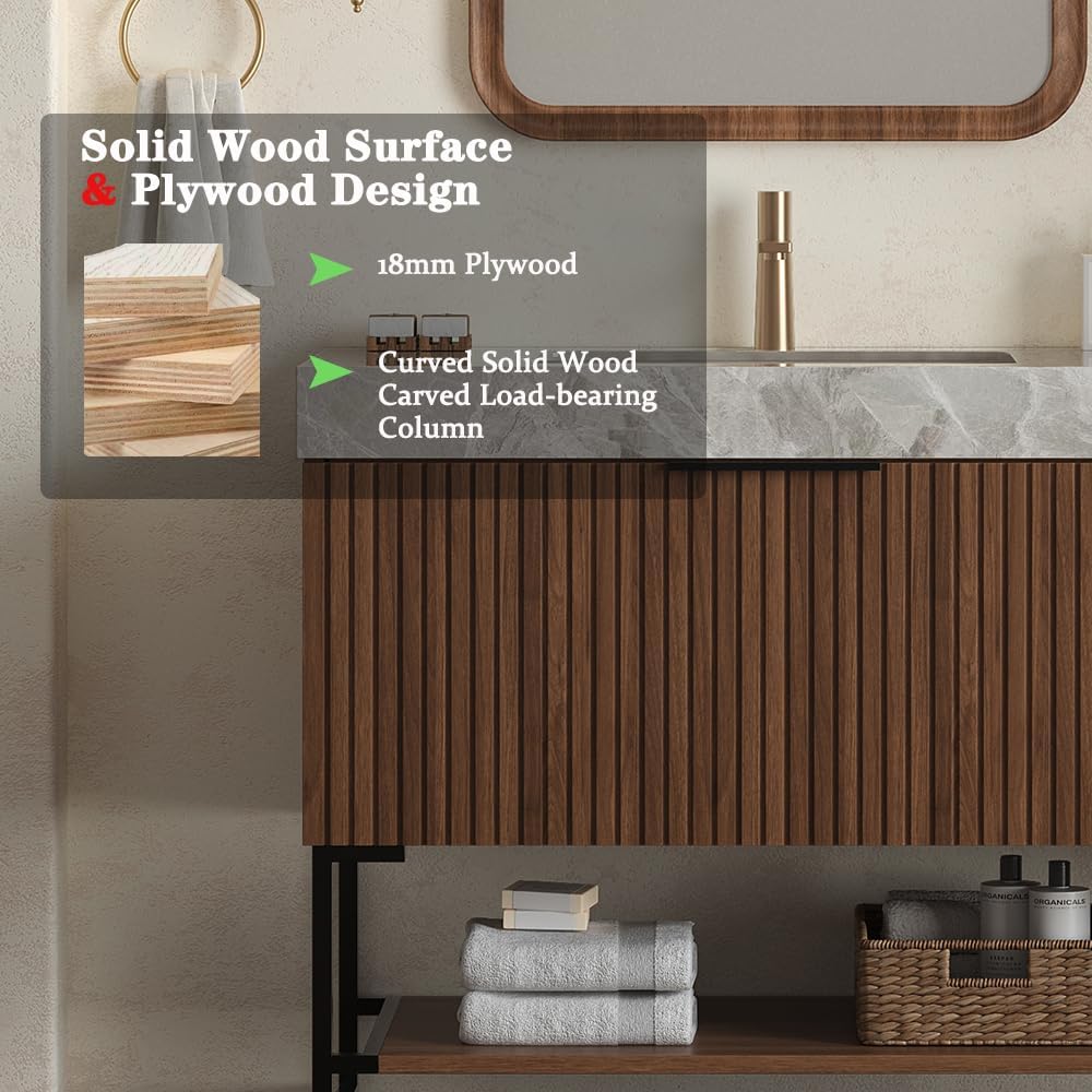 30'' Modern Bathroom Vanity with Sink, Freestanding Plywood Cabinet with Light Gray Sintered Stone Top & Undermount Ceramic Basin, Bathroom Vanities Cabinet W/Drawer and Open Shelf-Lund, Dark Walnut/S