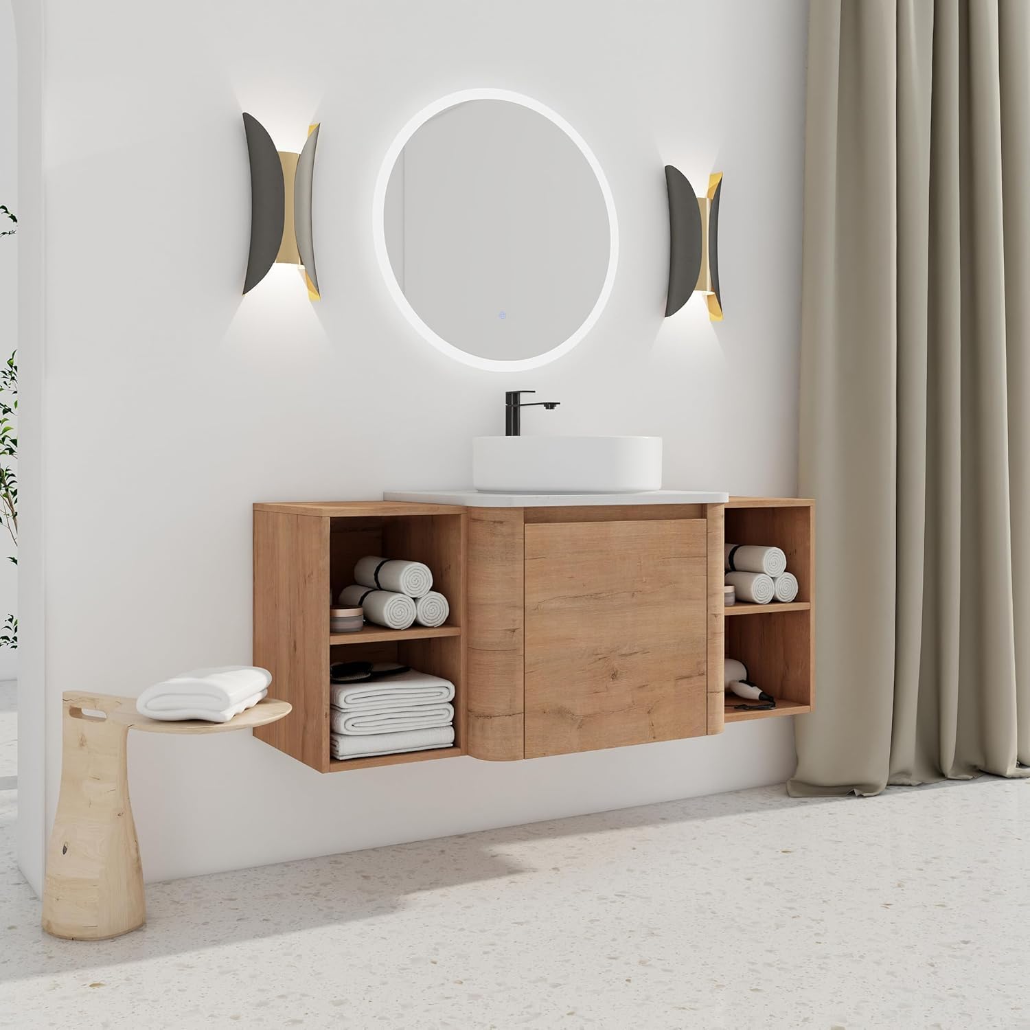 48 Inch Wall-Mounted Bathroom Vanity with Sink Combo Modern Floating Bathroom Vanitites with Round Ceramic Vessel Sink 48' Bathroom Sink Cabinet with Marble Counter Top & 2 Side Storage Shelves
