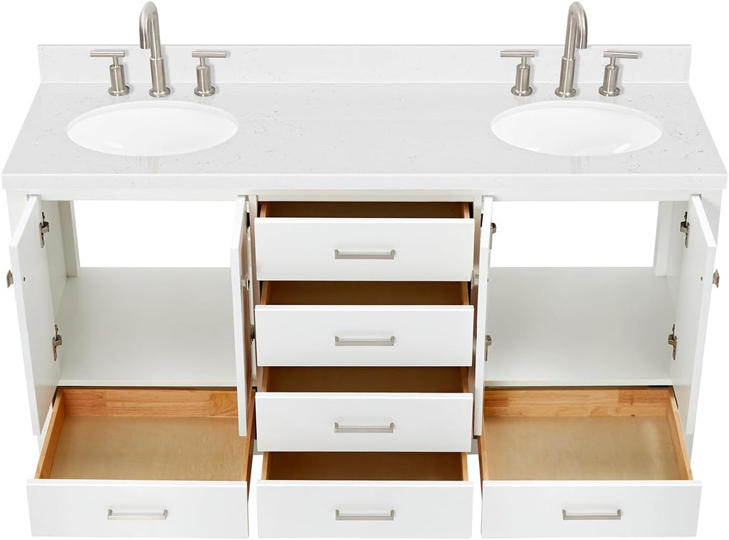 ARIEL Cambridge 66-inch Bathroom Vanity with Sink,Solid Wood, 1.5-inch Carrara White Quartz Countertop & Backsplash, Double Oval Porcelain Sink, 4 Soft Closing Doors, 6 Dovetail Drawers, White