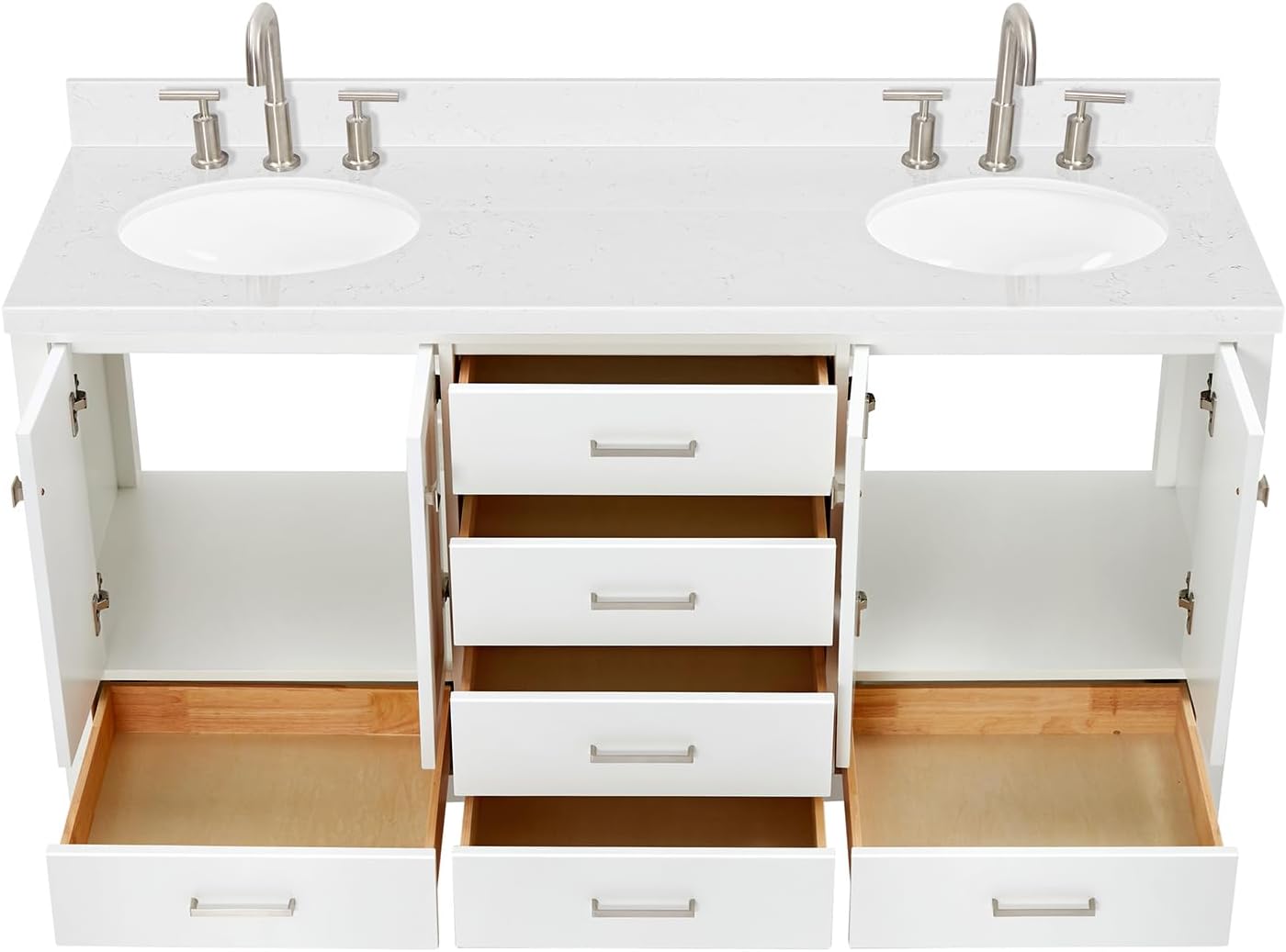 ARIEL Cambridge 66-inch Bathroom Vanity with Sink,Solid Wood, 1.5-inch Carrara White Quartz Countertop & Backsplash, Double Oval Porcelain Sink, 4 Soft Closing Doors, 6 Dovetail Drawers, White