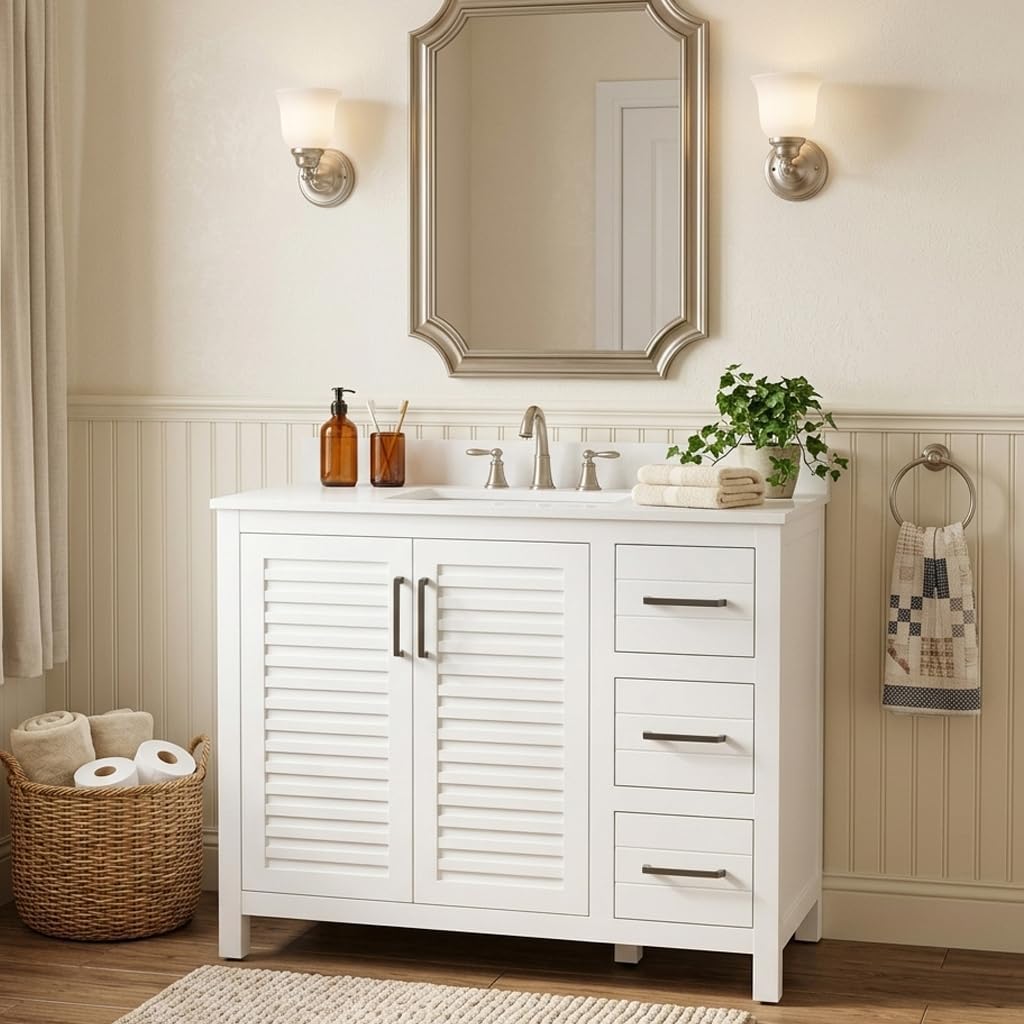 42' White Single Sink Bathroom Vanity with Top and Sink, Freestanding Modern Bath Storage Cabinet with Quartz Countertop, 3 Drawers, Soft Closing Louvered Doors, Pre-Assembled