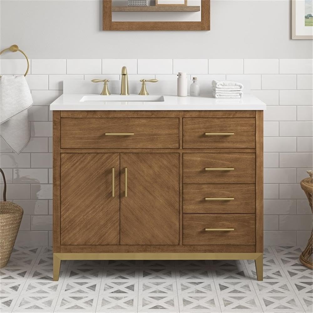 Pemberly Row 42' Bathroom Vanity, Macchiato Finish with White Engineered Marble Countertop, Transitional Style, Brushed Gold Hardware, Soft-Close Storage, Pre-Drilled Sink, Small Bathroom or Powder