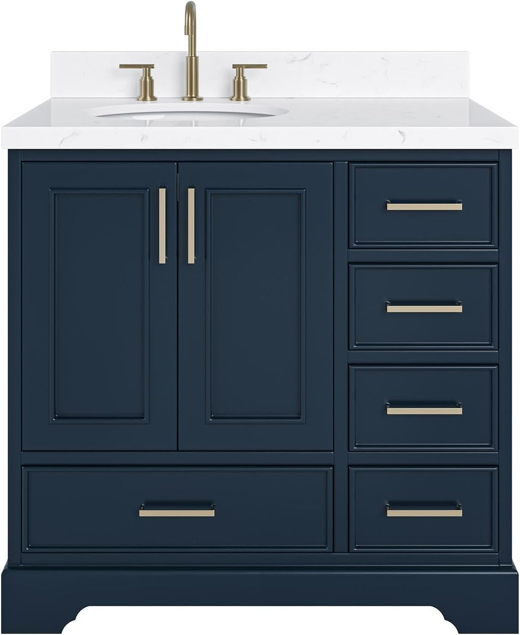 ARIEL Stafford 36-inch Bathroom Vanity with Sink,Solid Wood, 1.5-inch Carrara White Quartz Countertop, Single Oval Porcelain Sink, 2 Soft Closing Doors, 5 Dovetail Drawers, Midnight Blue