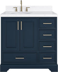ARIEL Stafford 36-inch Bathroom Vanity with Sink,Solid Wood, 1.5-inch Carrara White Quartz Countertop, Single Oval Porcelain Sink, 2 Soft Closing Doors, 5 Dovetail Drawers, Midnight Blue