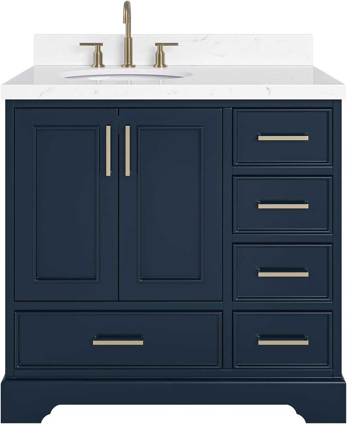 ARIEL Stafford 36-inch Bathroom Vanity with Sink,Solid Wood, 1.5-inch Carrara White Quartz Countertop, Single Oval Porcelain Sink, 2 Soft Closing Doors, 5 Dovetail Drawers, Midnight Blue