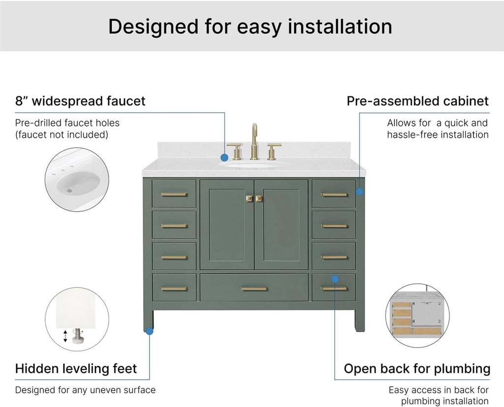 ARIEL Cambridge 48-inch Bathroom Vanity with Sink,Solid Wood, 1.5-inch Carrara White Quartz Countertop, Single Oval Porcelain Sink, 2 Soft Closing Doors, 9 Dovetail Drawers, Vintage Green