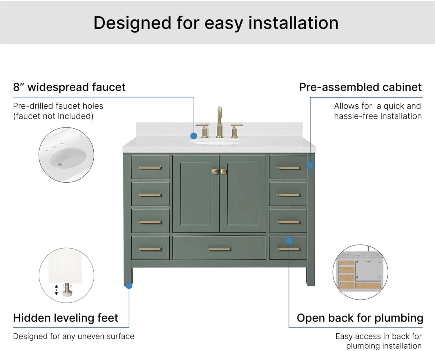 ARIEL Cambridge 48-inch Bathroom Vanity with Sink,Solid Wood, 1.5-inch Carrara White Quartz Countertop, Single Oval Porcelain Sink, 2 Soft Closing Doors, 9 Dovetail Drawers, Vintage Green