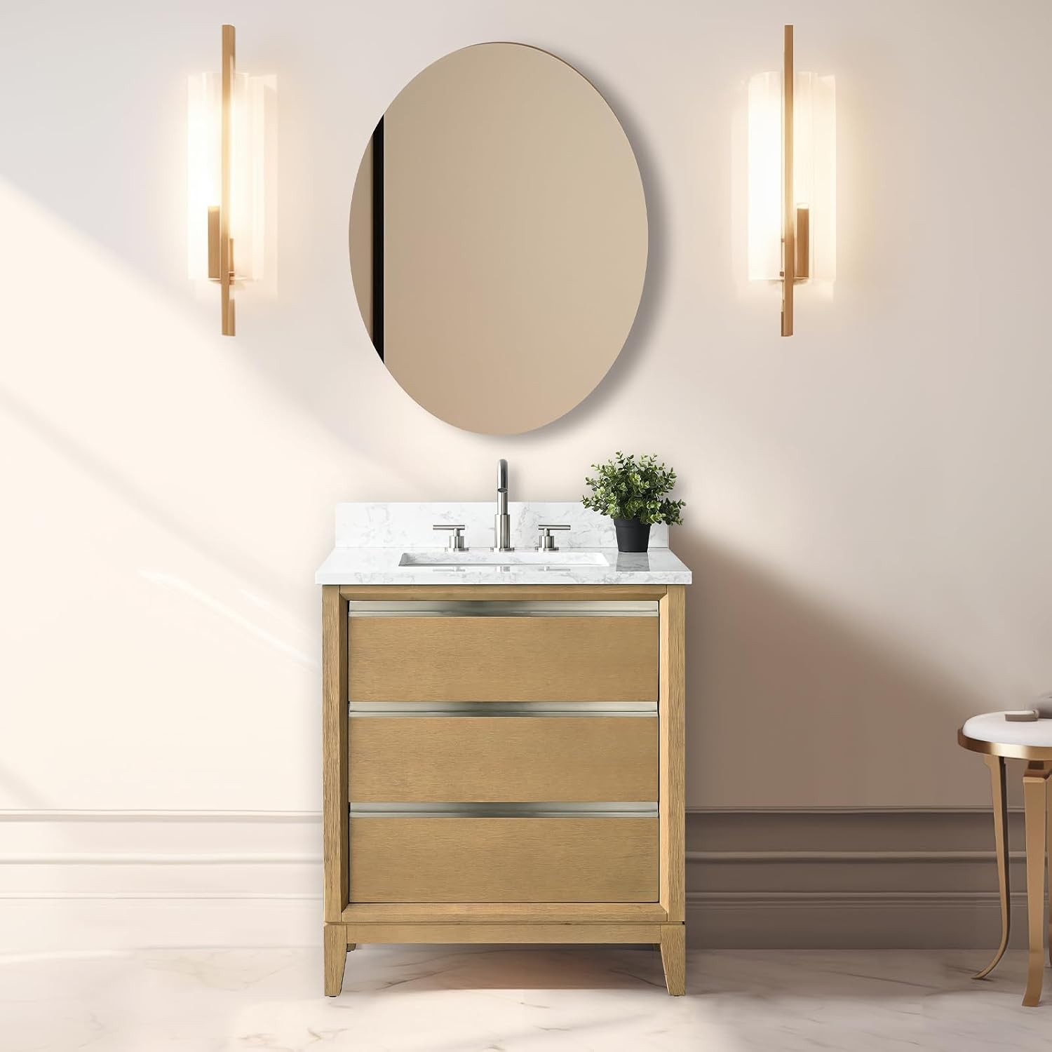 Vanity Art 30 inch Small Bathroom Vanity with Sink & Ceramic Top, Oak Vanity Cabinet with 3 Drawers, Solid Wood Frame, Ceramic Sink, Natural Oak, VA8030-NO1