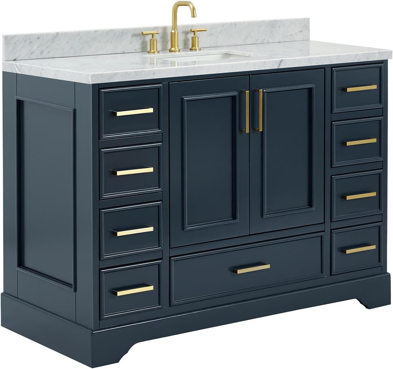 ARIEL Stafford 48-inch Bathroom Vanity with Sink,Solid Wood, 1.5-inch Italian Carrara Marble Countertop, Single Rectangular Porcelain Sink, 2 Soft Closing Doors, 9 Dovetail Drawers, Midnight Blue