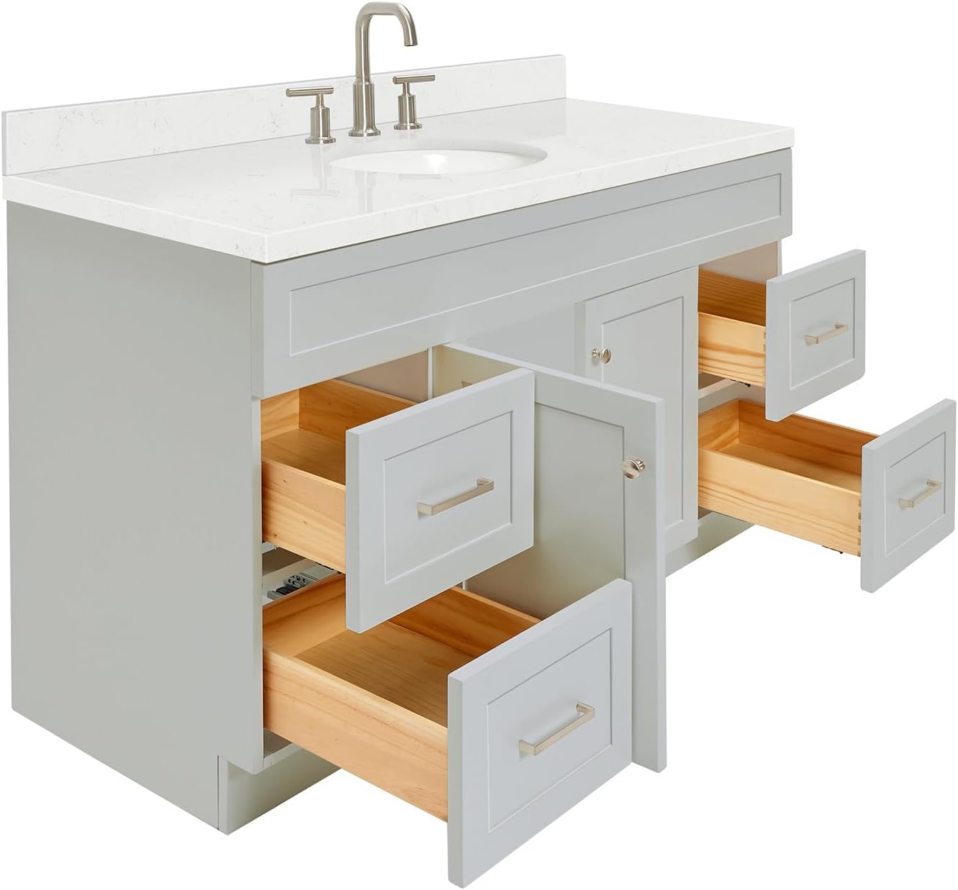 ARIEL Hamlet 60-inch Bathroom Vanity with Sink,Solid Wood, 1.5-inch Carrara White Quartz Countertop & Backsplash, Single Oval Porcelain Sink, 2 Soft Closing Doors, 4 Dovetail Drawers, Grey