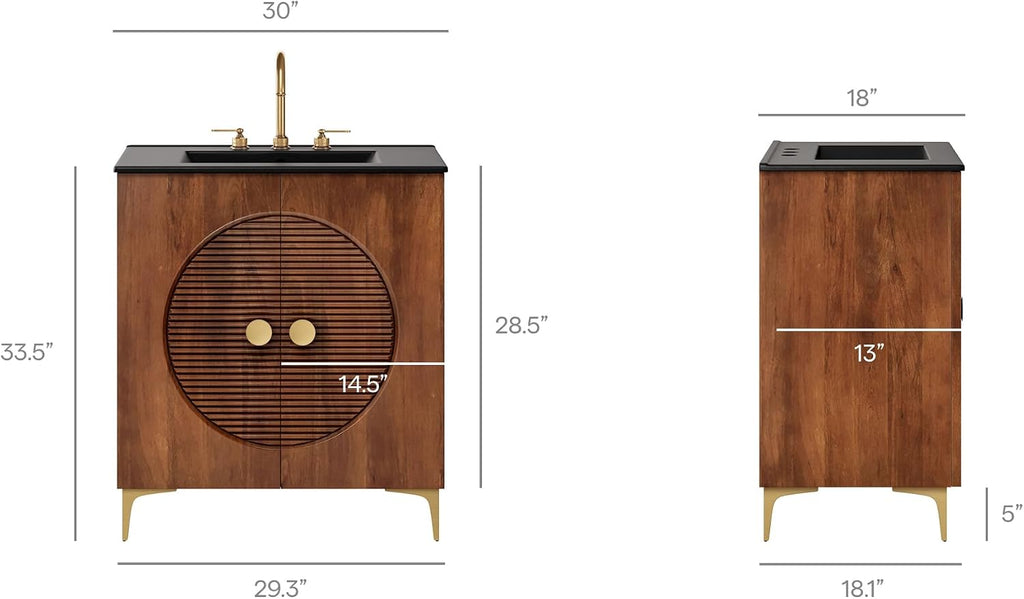 Modway Vernon 30' Fluted Wood Bathroom Vanity in Walnut Black with Ceramic Sink – Mid-Century Modern Freestanding Vanity with Integrated Sink and Countertop