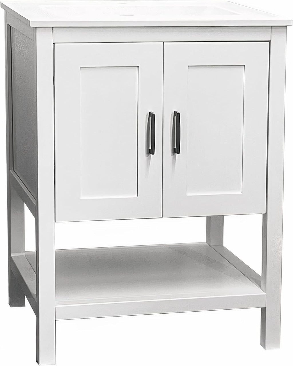 30' Bathroom Vanity with Sink – Freestanding Solid Wood Cabinet with Open Shelf, Soft-Close Doors, Matte White Resin Integrated Top (31' Top Included, White)