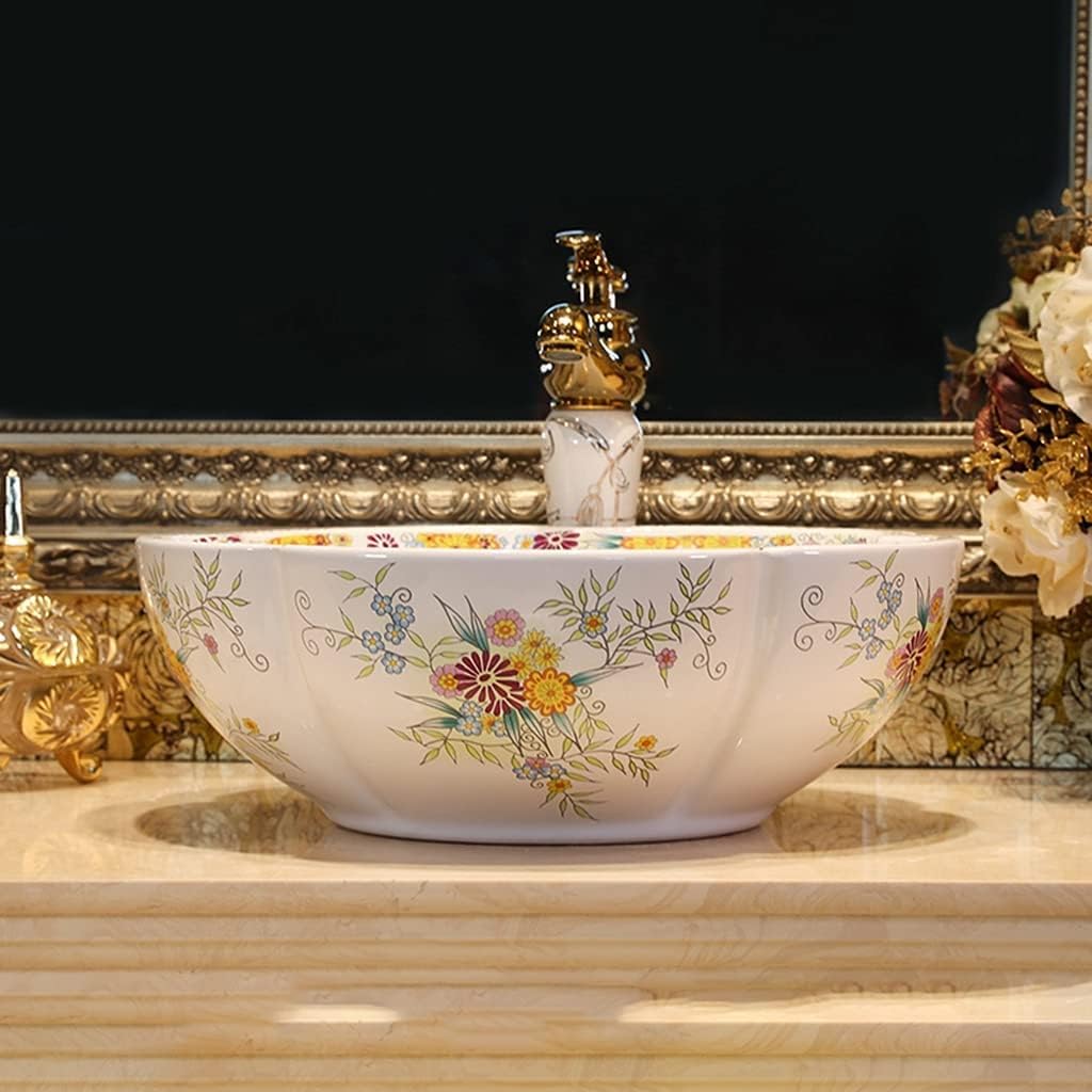Bathroom Bar Vanity Vessel Sinks Above Counter Vanity Sink Tops Petal-Shaped Bathroom Sink,European-Style Ceramic Art Basin for Household Use,White,42 * 15cm