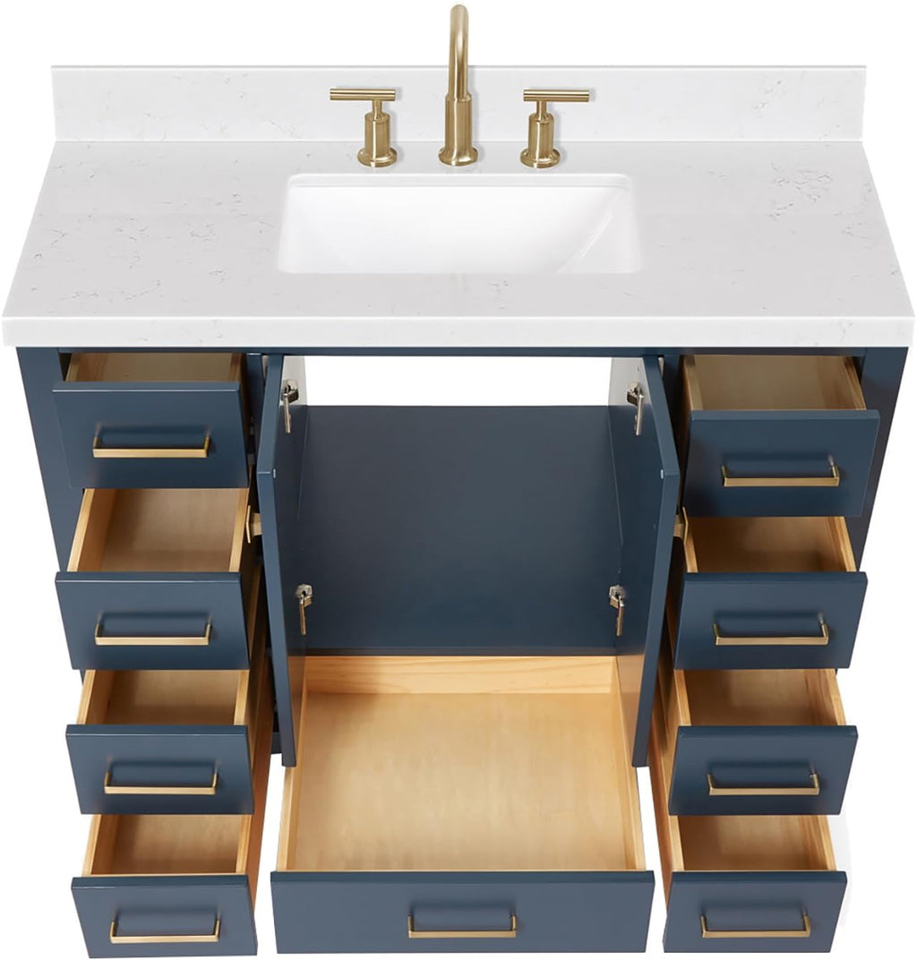 ARIEL Cambridge 42-inch Bathroom Vanity with Sink,Solid Wood, 1.5-inch Carrara White Quartz Countertop, Single Rectangular Porcelain Sink, 2 Soft Closing Doors, 9 Dovetail Drawers, Midnight Blue