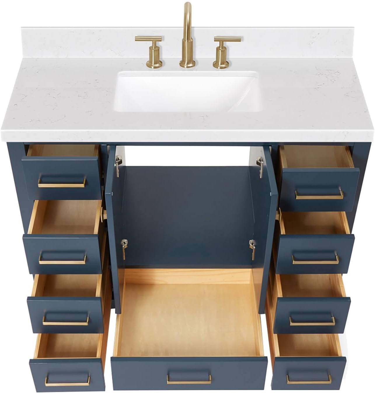 ARIEL Cambridge 42-inch Bathroom Vanity with Sink,Solid Wood, 1.5-inch Carrara White Quartz Countertop, Single Rectangular Porcelain Sink, 2 Soft Closing Doors, 9 Dovetail Drawers, Midnight Blue