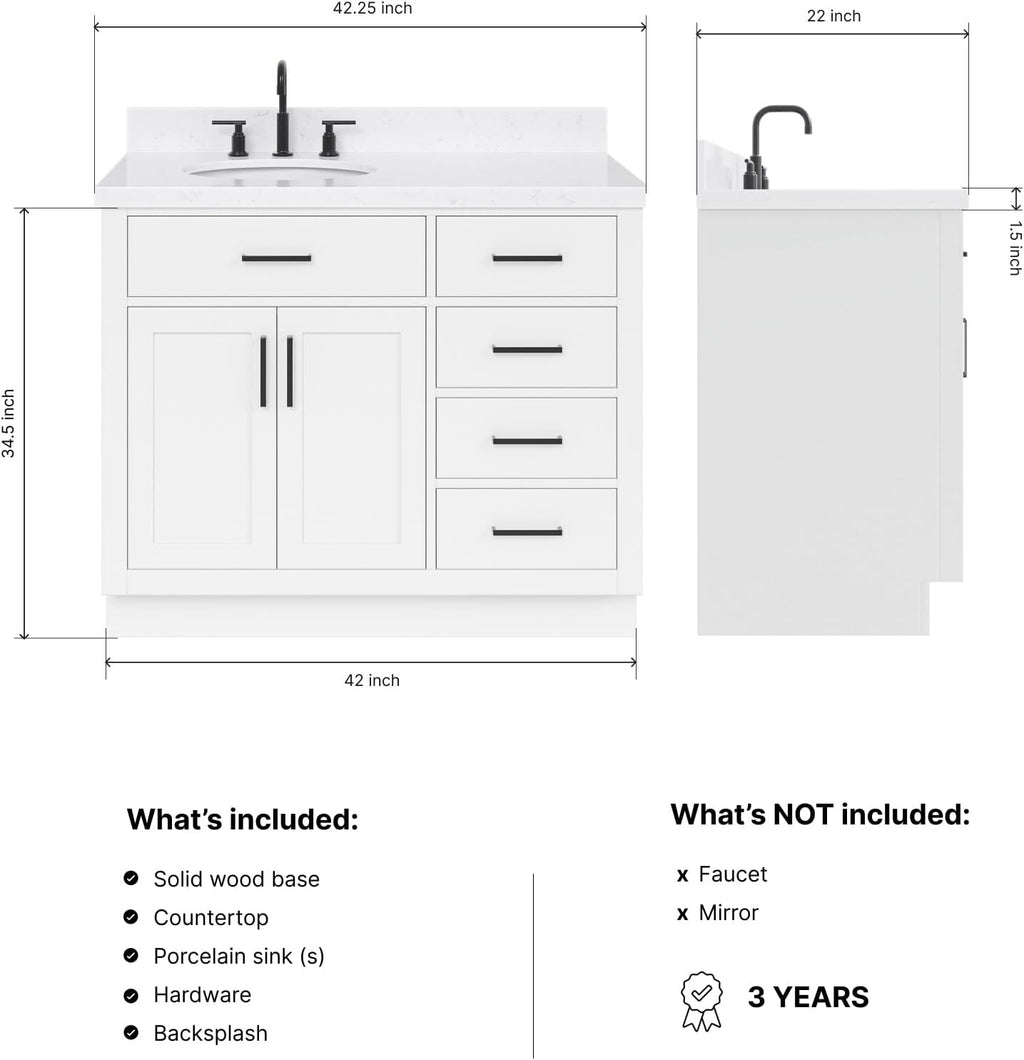 DKB Isabella 42-Inch White Bathroom Vanity with Sink, 1.5' Carrara Quartz Countertop, Solid Wood Frame, Left Oval Sink, 2 Soft Closing Doors, 5 Full Extension Drawers, Toe Kick