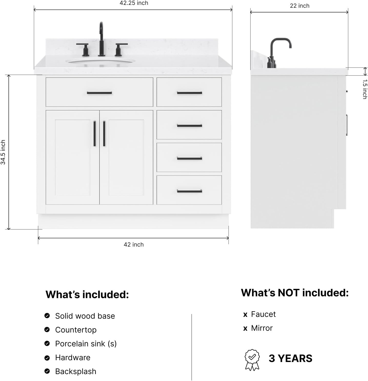 DKB Isabella 42-Inch White Bathroom Vanity with Sink, 1.5' Carrara Quartz Countertop, Solid Wood Frame, Left Oval Sink, 2 Soft Closing Doors, 5 Full Extension Drawers, Toe Kick