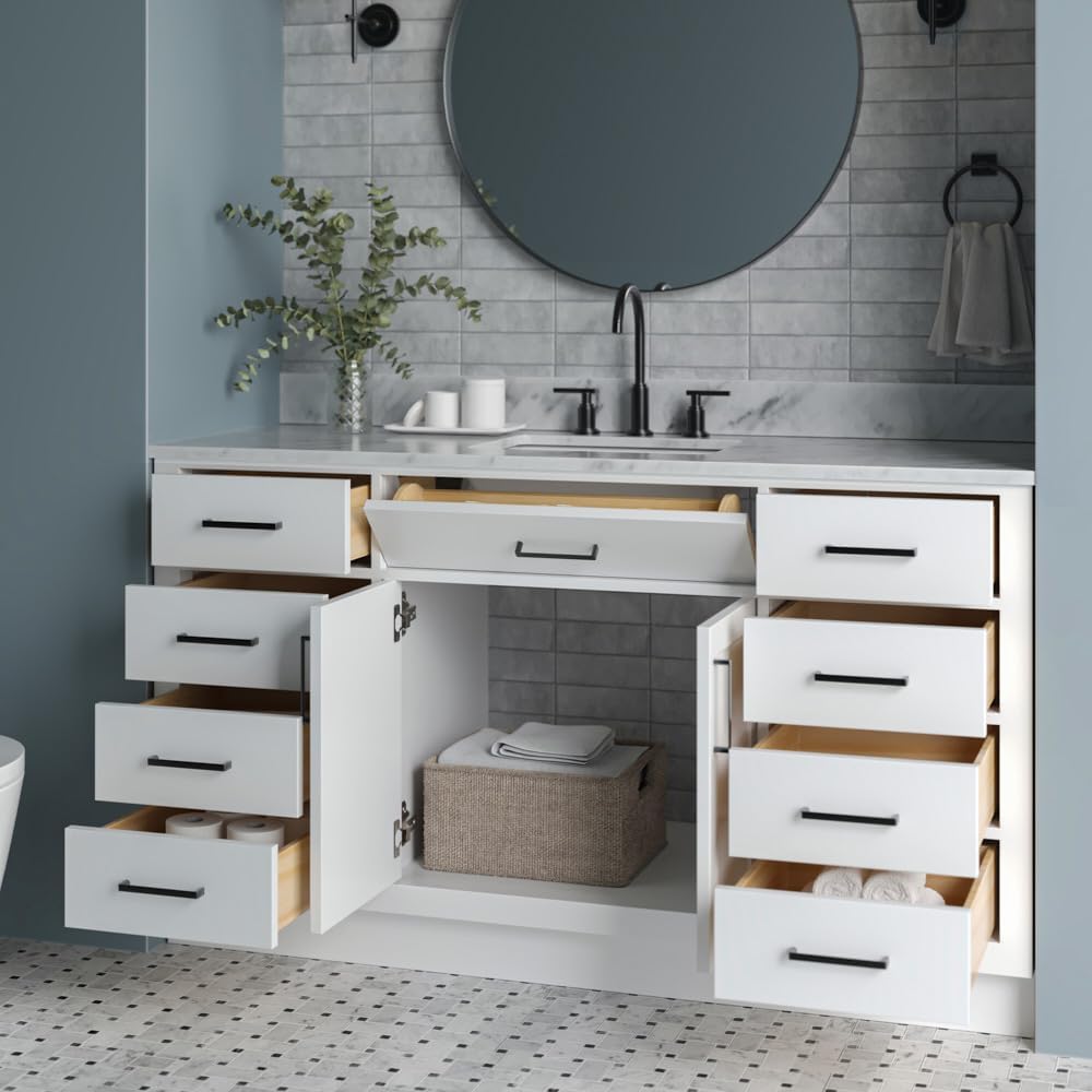 ARIEL Hepburn 60-inch Bathroom Vanity with Sink,Solid Wood, 0.75-inch Italian Carrara Marble Countertop, Single Rectangular Porcelain Sink, 2 Soft Closing Doors, 9 Dovetail Drawers, White