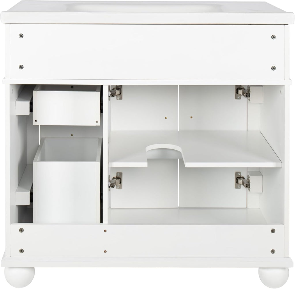 36 inch Bathroom Vanity with Sink, Freestanding Bathroom Vanity Cabinet with Ceramic Sink, Flip Top Drawer, 2 Large Capacity Drawers, Soft Closing Doors, Adjustable Shelf, Round Column Base, White